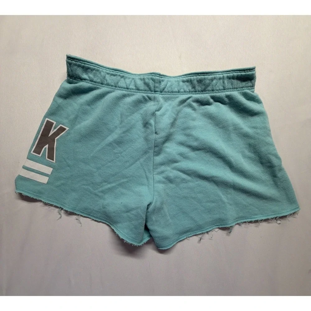 PINK Victoria's Secret Athletic Shorts Womens XS Aqua Blue‎ Graphic Logo Raw Hem